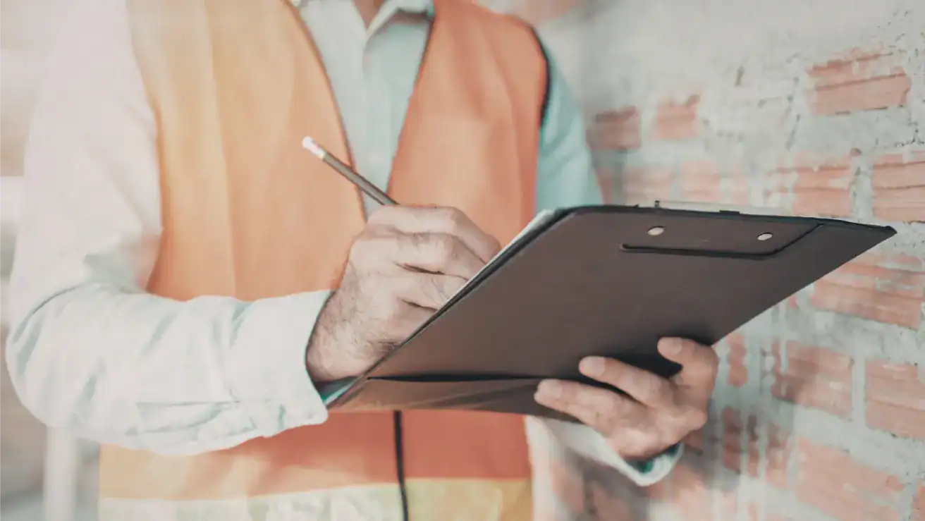 A person wearing an orange safety vest writes on a clipboard while standing next to a brick wall.

