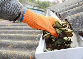 person is removing dry leaves and other debris from a roof gutter  